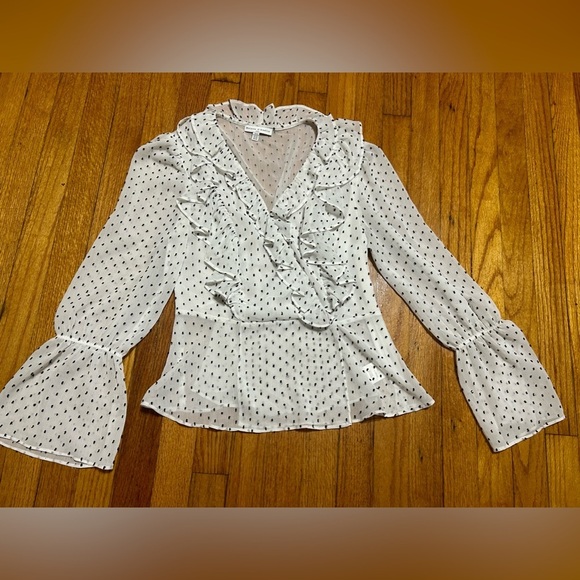 MAISON d'AMELIE Semi-Sheer Trumpet Sleeve Peplum Blouse Swiss Dot Loose Fit XS - Picture 1 of 9